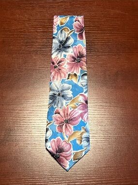 Guy Laroche Blue Silk Floral Tie with Pink, Gray & Gold Accents